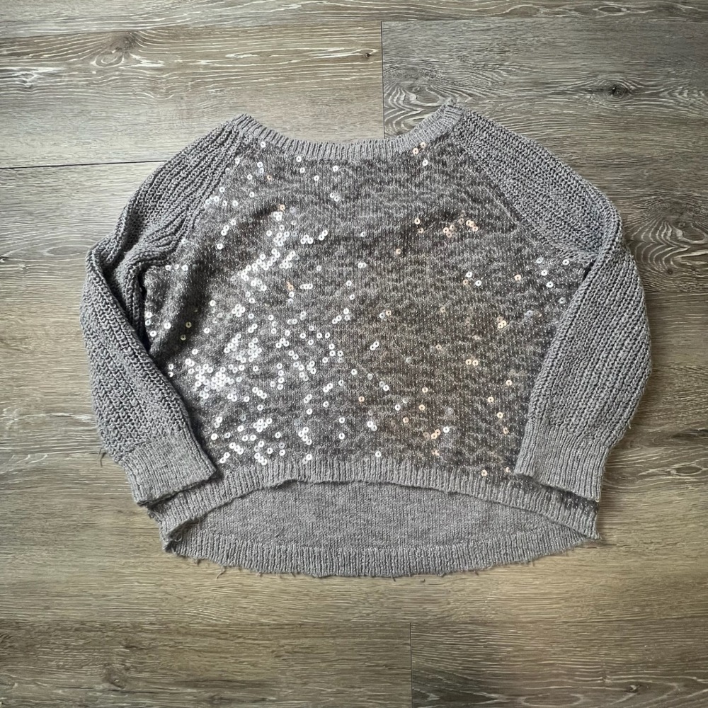 Justice Sweater Girls 14 Grey Sequin Metallic Knit High-Low Long Sleeve Sparkly